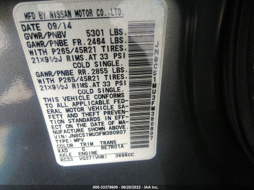 2015 INFINITI QX70 JN8CS1MU3FM380807