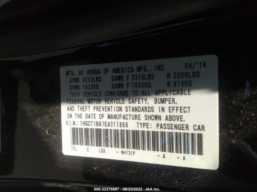 2014 HONDA ACCORD COUPE EX-L 1HGCT1B87EA011898