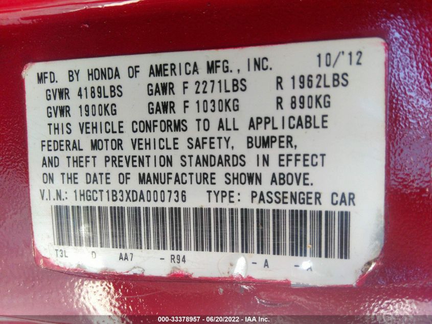 2013 HONDA ACCORD CPE LX-S 1HGCT1B3XDA000736
