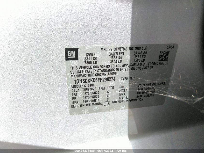 2015 CHEVROLET SUBURBAN LTZ 1GNSCKKC6FR290274