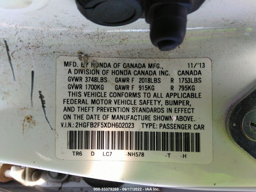 2013 HONDA CIVIC SDN LX 2HGFB2F5XDH602023