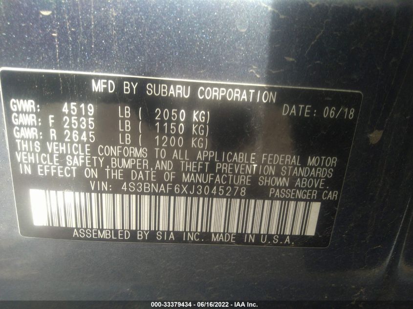 2018 SUBARU LEGACY PREMIUM 4S3BNAF6XJ3045278