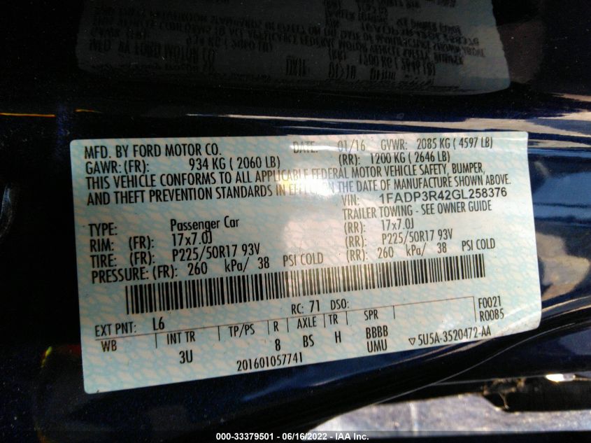 2016 FORD FOCUS ELECTRIC 1FADP3R42GL258376