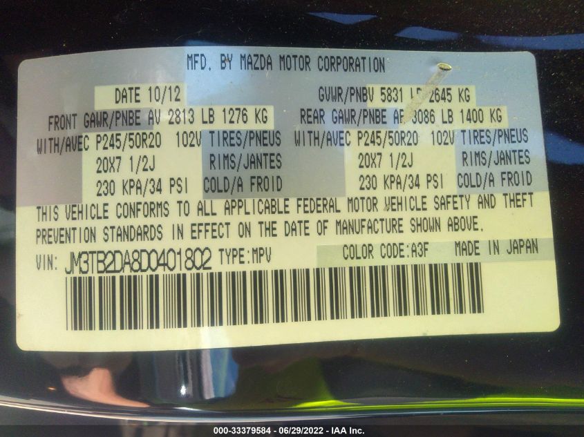 2013 MAZDA CX-9 GRAND TOURING JM3TB2DA8D0401802