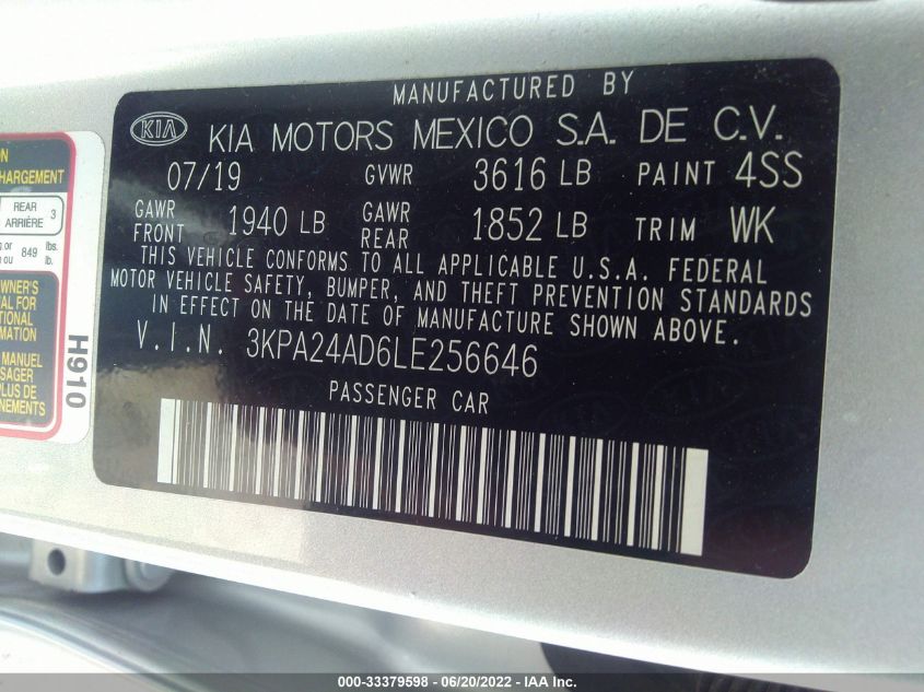 2020 KIA RIO S 3KPA24AD6LE256646