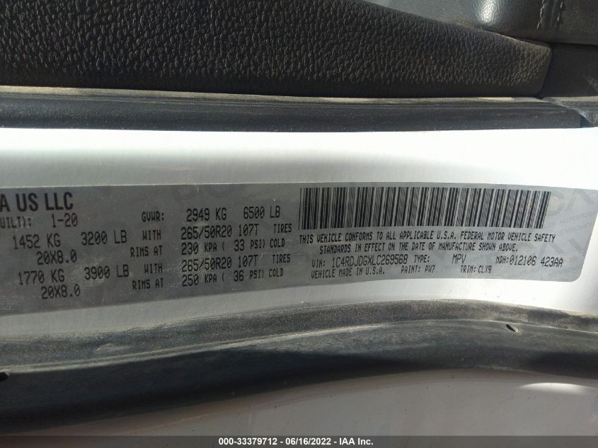 2020 DODGE DURANGO GT PLUS 1C4RDJDGXLC269568