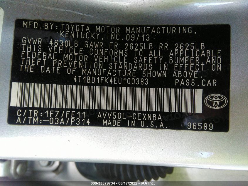 2014 TOYOTA CAMRY HYBRID HYBRID/LE/XLE 4T1BD1FK4EU100383