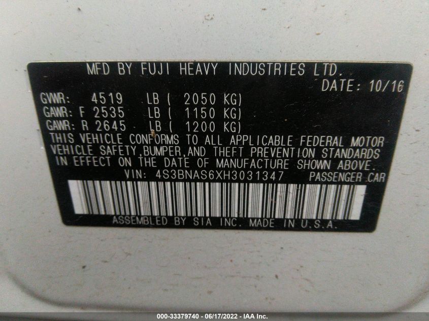 2017 SUBARU LEGACY SPORT 4S3BNAS6XH3031347