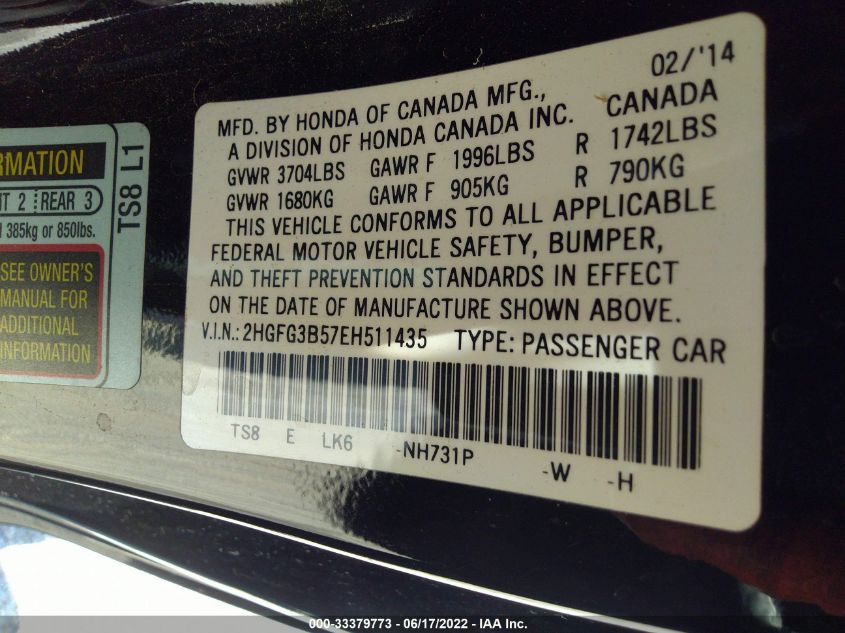 2014 HONDA CIVIC COUPE LX 2HGFG3B57EH511435