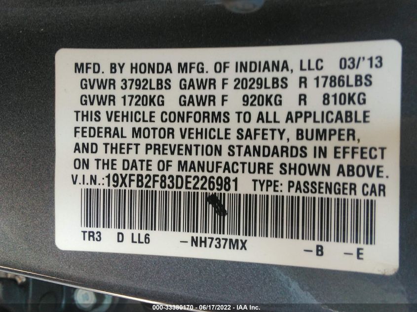 2013 HONDA CIVIC SDN EX 19XFB2F83DE226981