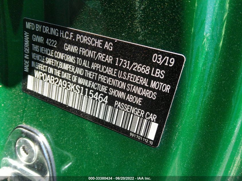 2019 PORSCHE 911 CARRERA WP0AB2A93KS115464