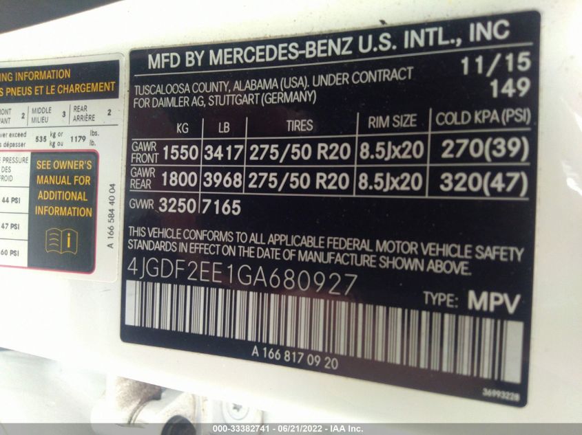 2016 MERCEDES-BENZ GL GL 350 BLUETEC 4JGDF2EE1GA680927