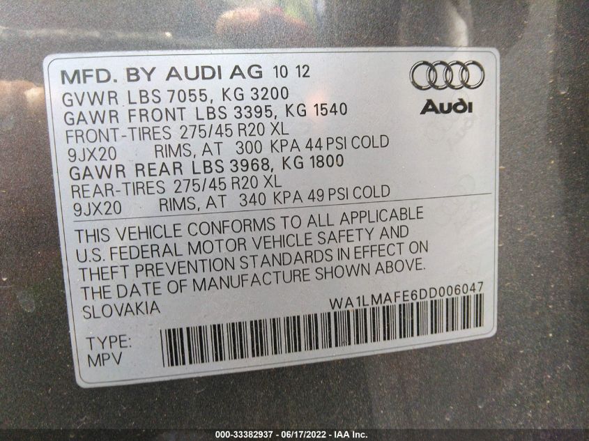 2013 AUDI Q7 3.0L TDI PREMIUM PLUS WA1LMAFE6DD006047