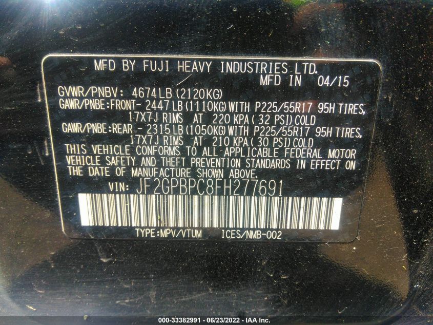 2015 SUBARU XV CROSSTREK HYBRID TOURING JF2GPBPC8FH277691