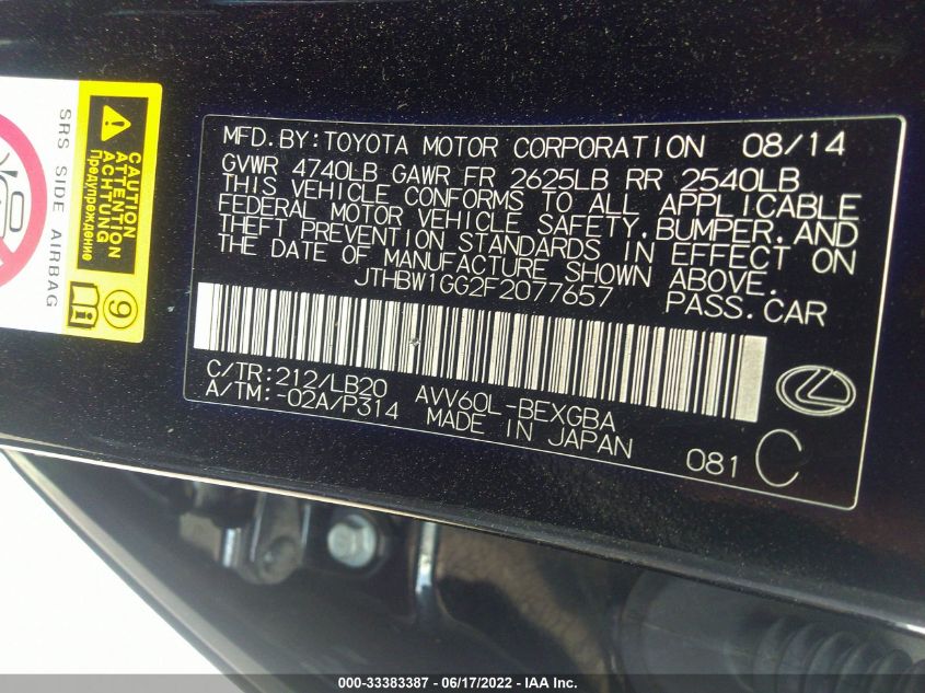 2015 LEXUS ES 300H 300H JTHBW1GG2F2077657