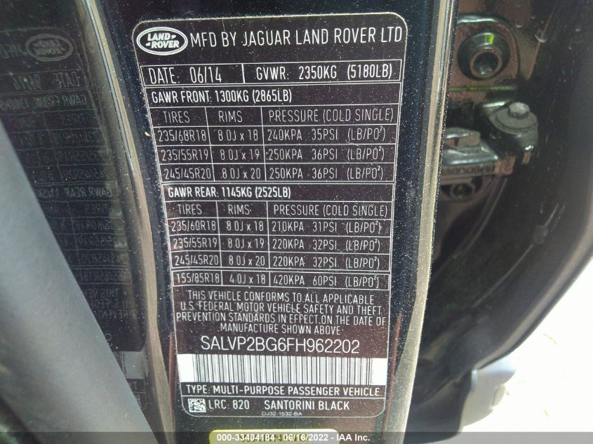 2015 LAND ROVER RANGE ROVER EVOQUE PURE PLUS SALVP2BG6FH962202