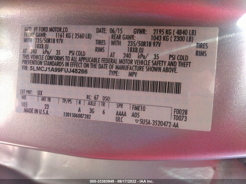 2015 LINCOLN MKC 5LMCJ1A99FUJ48266
