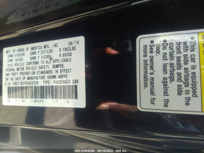 2015 HONDA ACCORD COUPE LX-S 1HGCT1B37FA002026