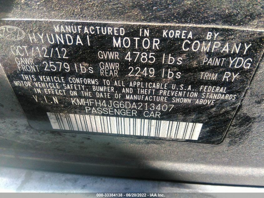 2013 HYUNDAI AZERA KMHFH4JG6DA213407