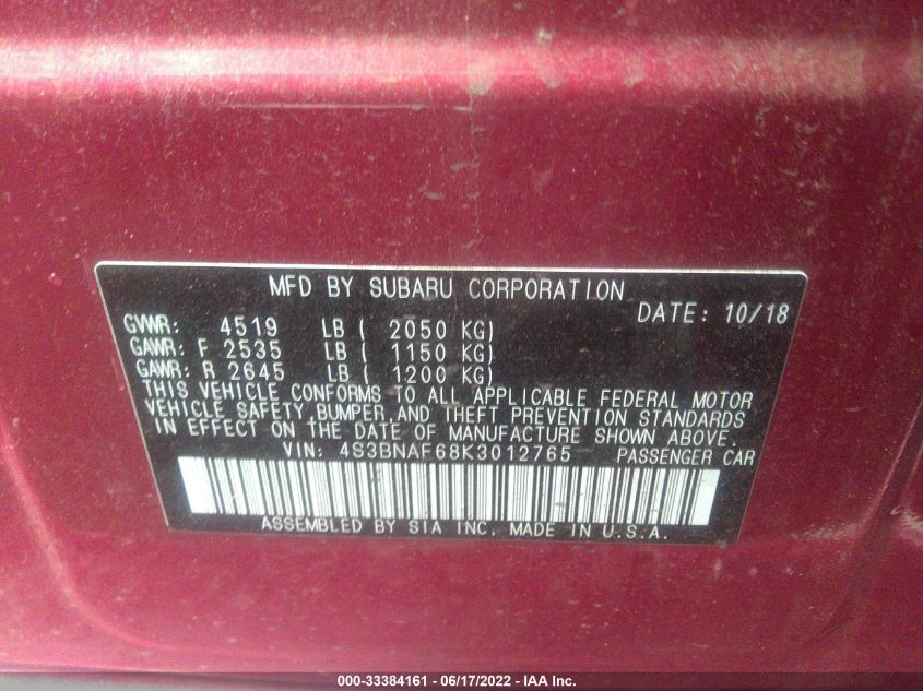 2019 SUBARU LEGACY PREMIUM 4S3BNAF68K3012765
