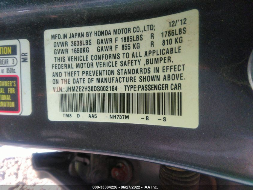 2013 HONDA INSIGHT JHMZE2H30DS002164