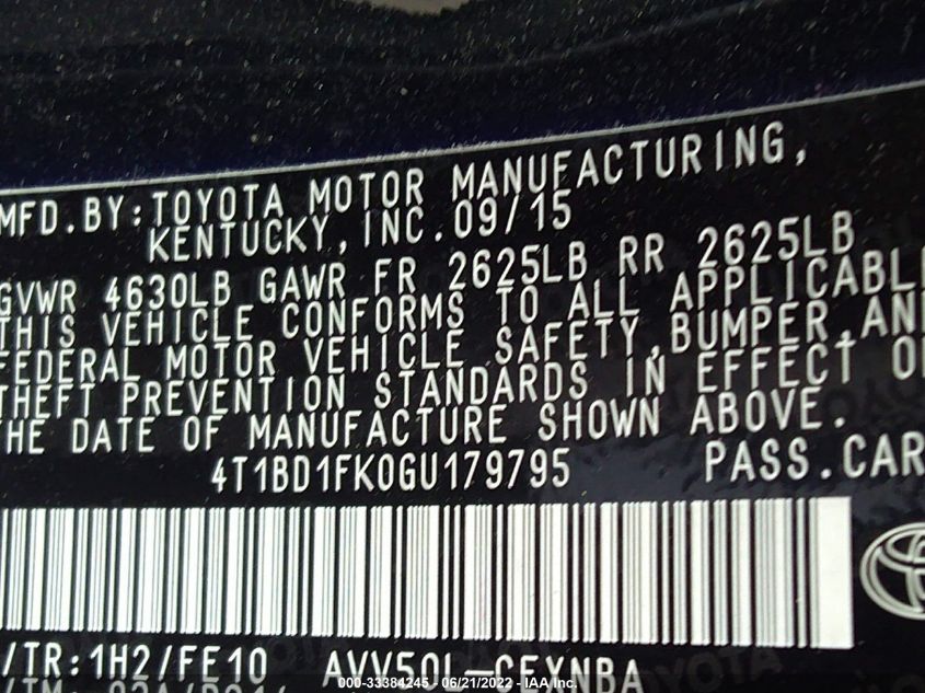 2016 TOYOTA CAMRY HYBRID LE/XLE/SE 4T1BD1FK0GU179795