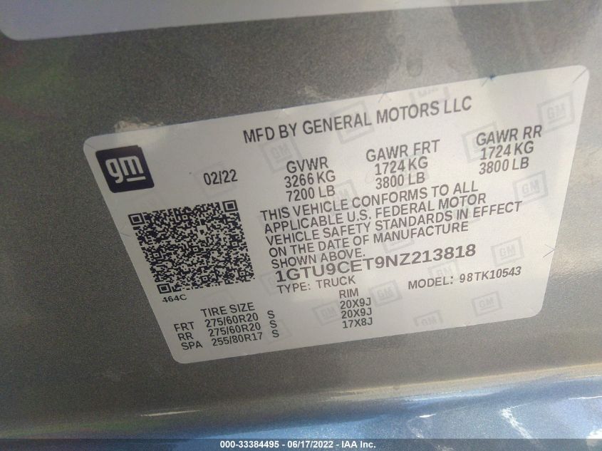 2022 GMC SIERRA 1500 LIMITED ELEVATION 1GTU9CET9NZ213818