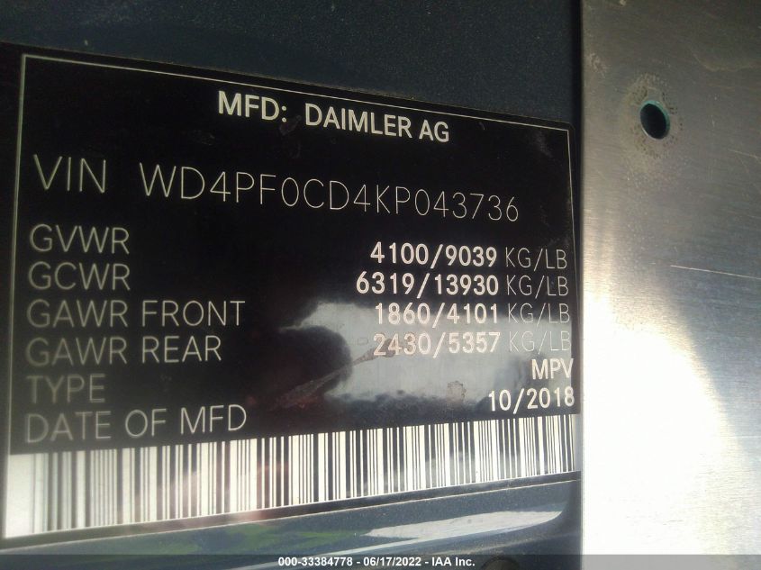 2019 MERCEDES-BENZ SPRINTER VAN WD4PF0CD4KP043736