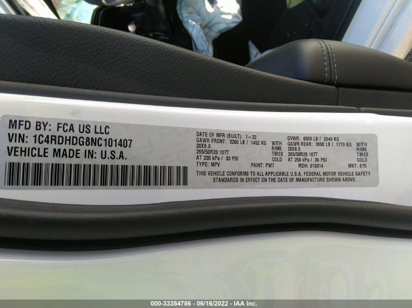 2022 DODGE DURANGO GT 1C4RDHDG8NC101407