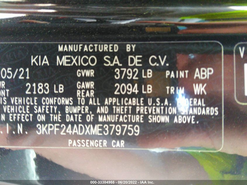 2021 KIA FORTE LXS - 3KPF24ADXME379759