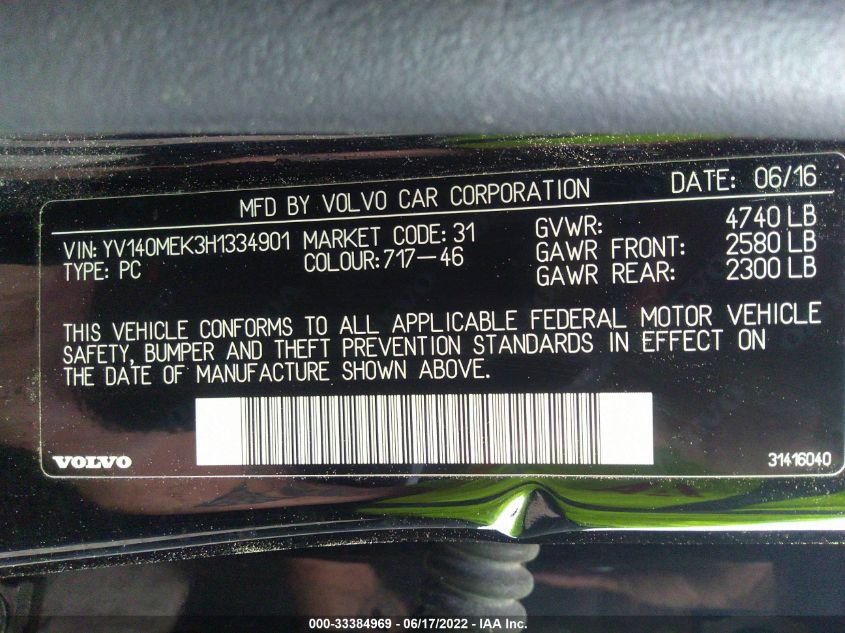 2017 VOLVO V60 PREMIER YV140MEK3H1334901