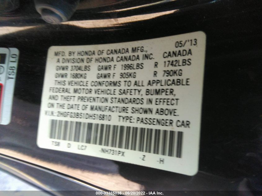 2013 HONDA CIVIC CPE LX 2HGFG3B51DH516810