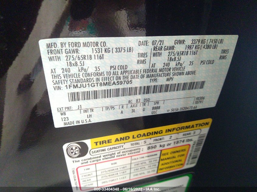 2021 FORD EXPEDITION XL 1FMJU1GT8MEA59705