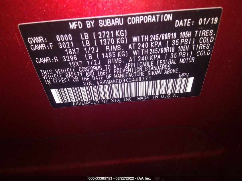 2019 SUBARU ASCENT PREMIUM 4S4WMACD9K3448771