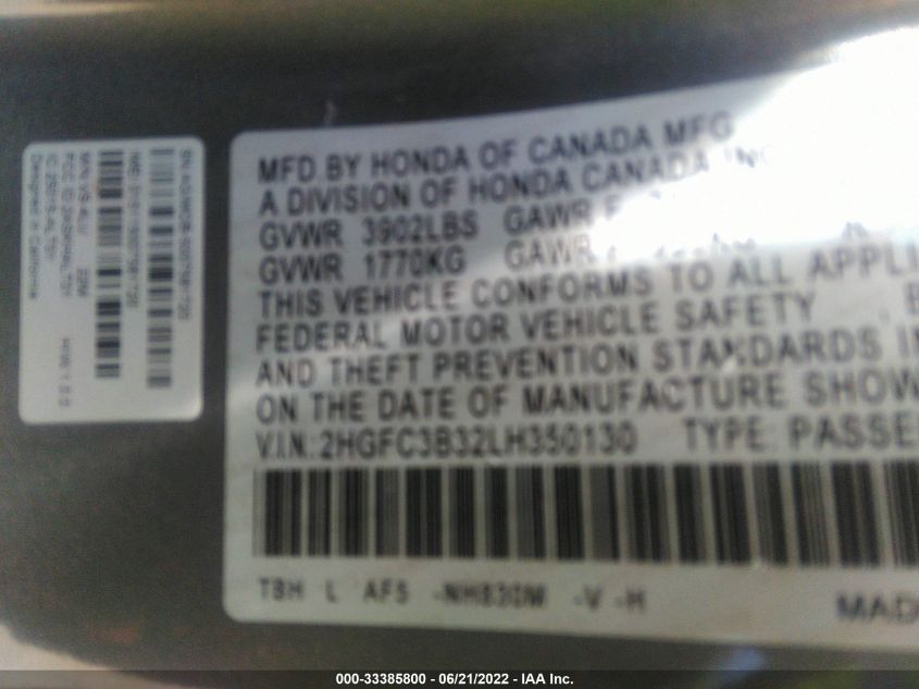 2020 HONDA CIVIC COUPE EX 2HGFC3B32LH350130