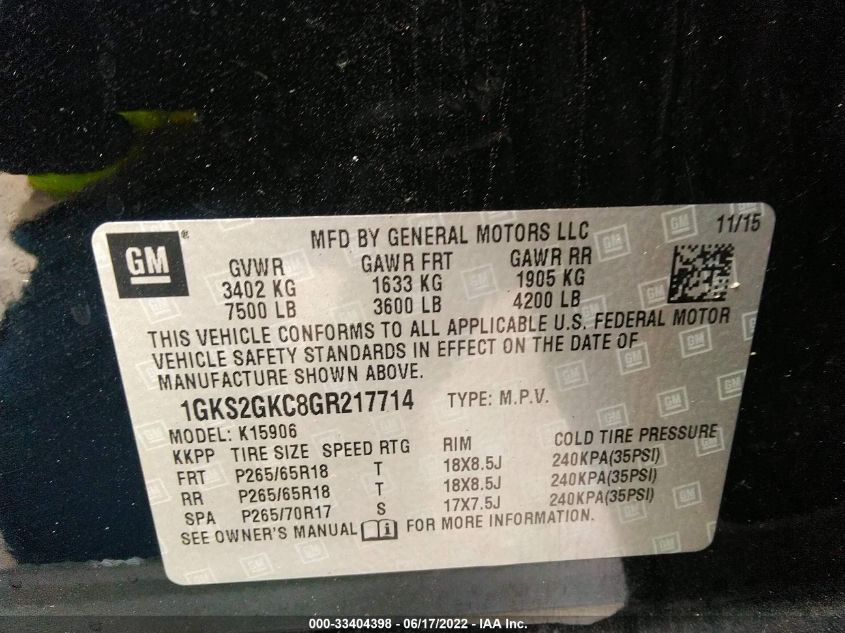 2016 GMC YUKON XL SLT 1GKS2GKC8GR217714
