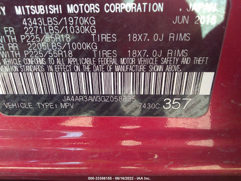 2016 MITSUBISHI OUTLANDER SPORT 2.4 SE JA4AR3AW3GZ058635