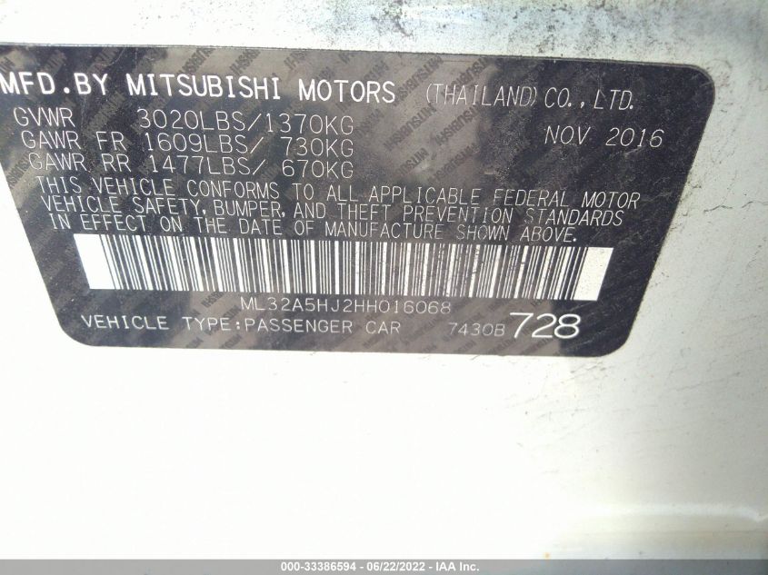 2017 MITSUBISHI MIRAGE GT ML32A5HJ2HH016068