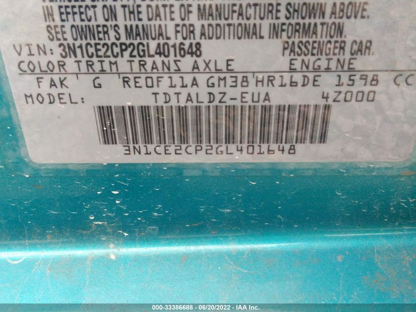 2016 NISSAN VERSA NOTE SV 3N1CE2CP2GL401648