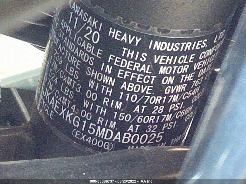 2021 KAWASAKI EX400 JKAEXKG15MDAB0025