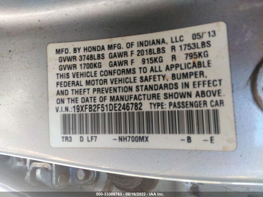 2013 HONDA CIVIC SDN LX 19XFB2F51DE246782