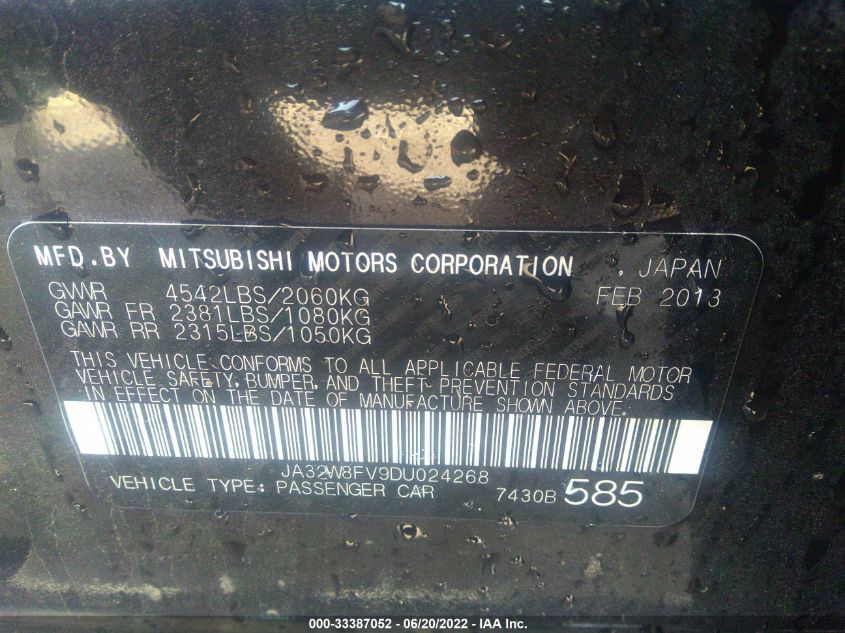 2013 MITSUBISHI LANCER EVOLUTION EVOLUTION GSR JA32W8FV9DU024268