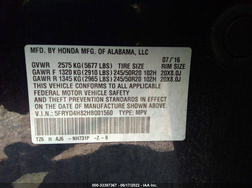 2017 ACURA MDX W/ADVANCE PKG 5FRYD4H82HB001560