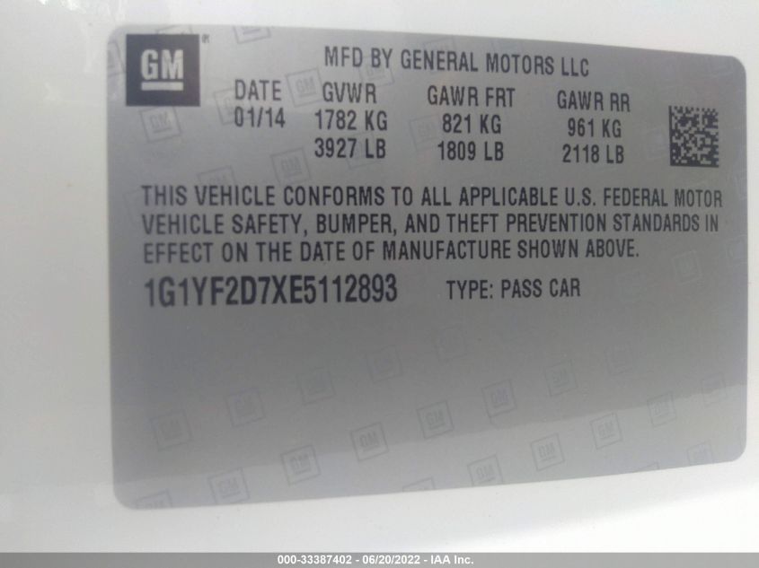 2014 CHEVROLET CORVETTE STINGRAY 3LT 1G1YF2D7XE5112893