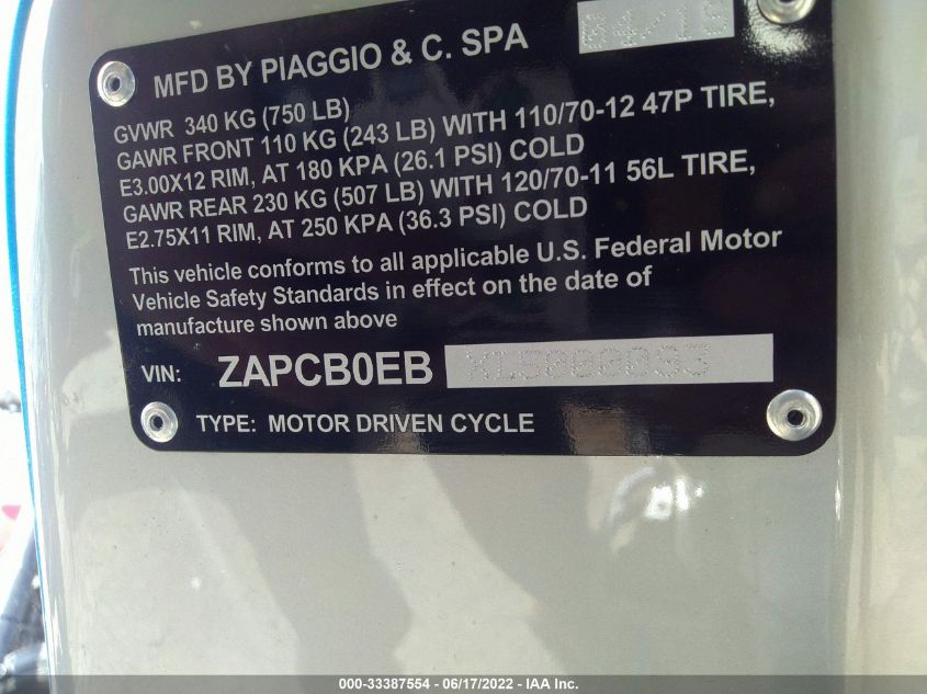 2020 VESPA ELETTRICA ZAPCB0EBXL5000093