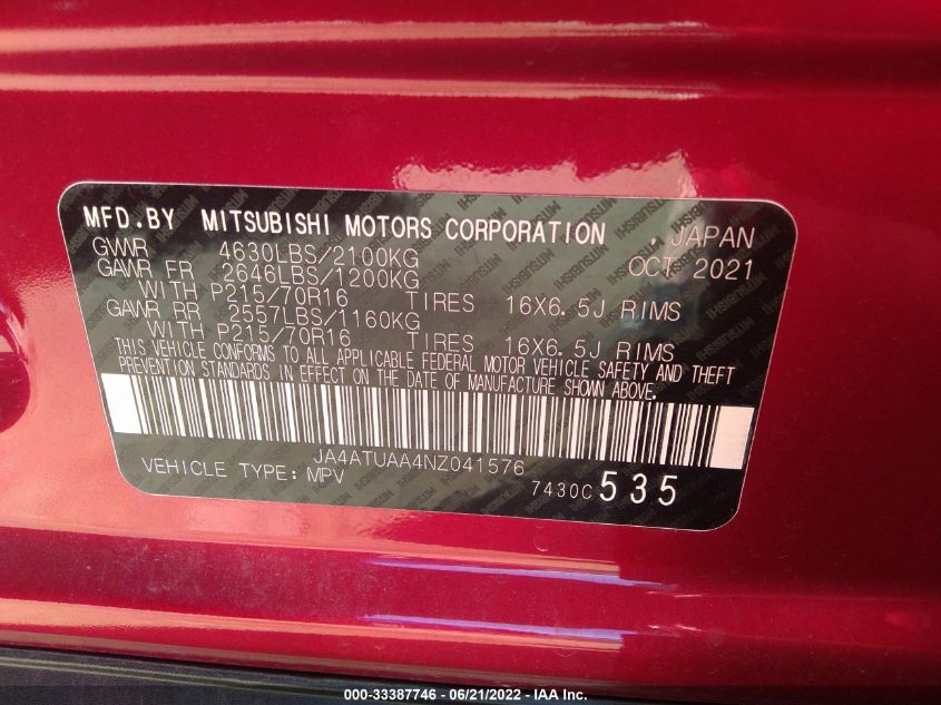 2022 MITSUBISHI ECLIPSE CROSS ES JA4ATUAA4NZ041576