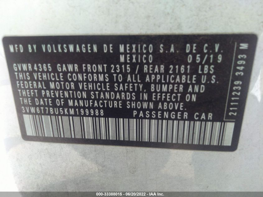 2019 VOLKSWAGEN JETTA GLI S 3VW6T7BU5KM199988