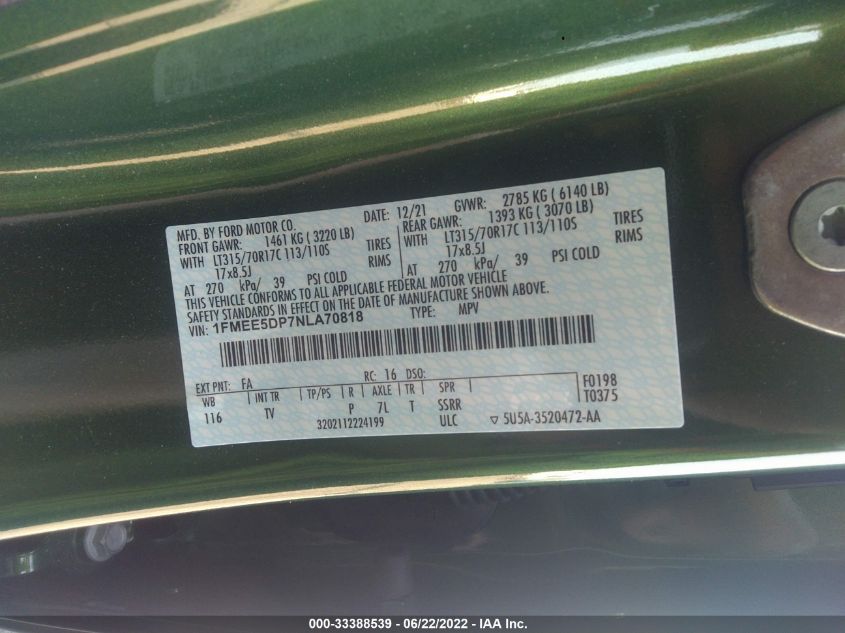 2022 FORD BRONCO BASE/BIG BEND 1FMEE5DP7NLA70818