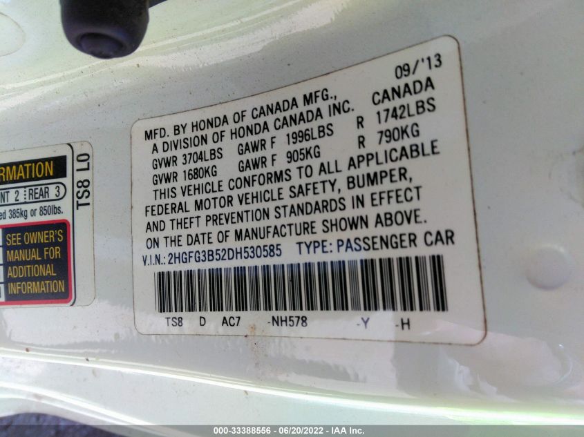 2013 HONDA CIVIC CPE LX 2HGFG3B52DH530585