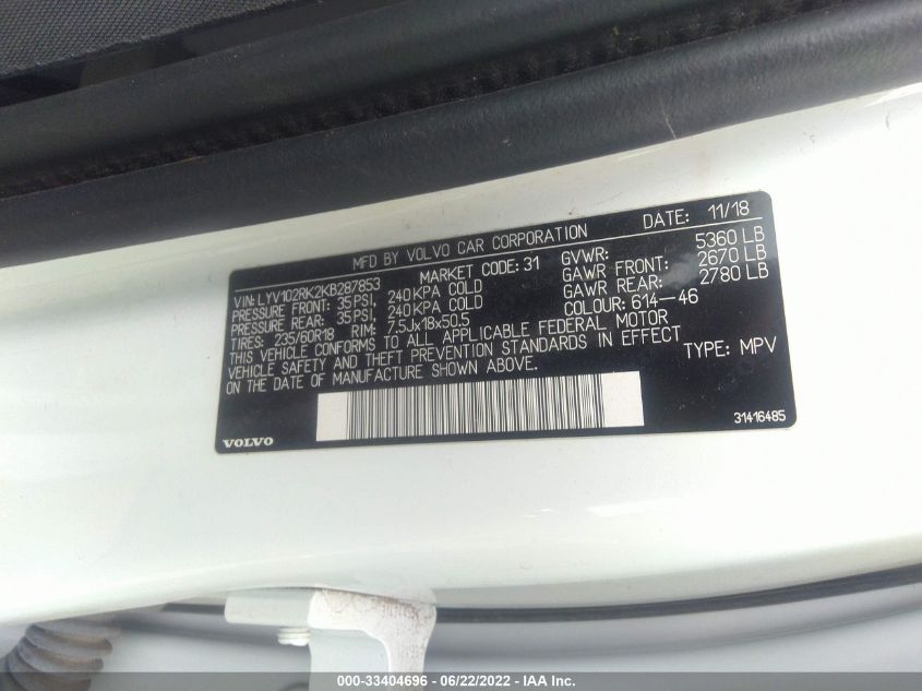 2019 VOLVO XC60 MOMENTUM LYV102RK2KB287853